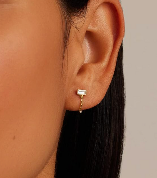 Gold Vertical Baguette Studs with Draping Link Chain Wraps