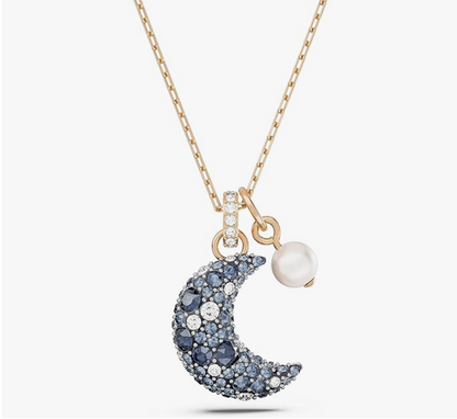 Rose Gold Ombré Crystal Crescent Moon & Pearl Pendant Necklace