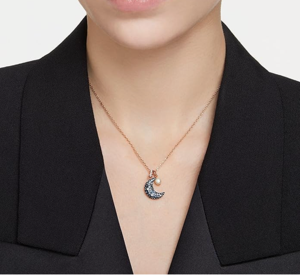 Rose Gold Ombré Crystal Crescent Moon & Pearl Pendant Necklace