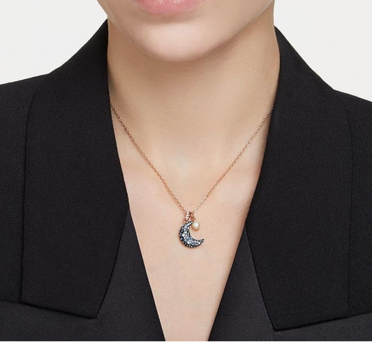 Rose Gold Ombré Crystal Crescent Moon & Pearl Pendant Necklace