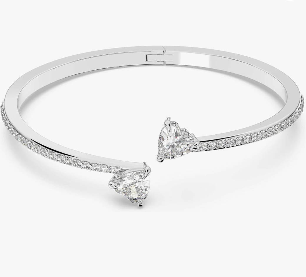 White Gold Twin Heart Open-Front Pavé Bypass Cuff