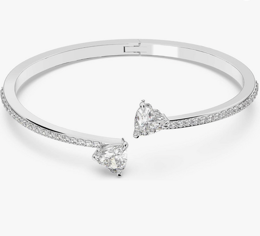 White Gold Twin Heart Open-Front Pavé Bypass Cuff