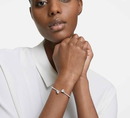 White Gold Twin Heart Open-Front Pavé Bypass Cuff