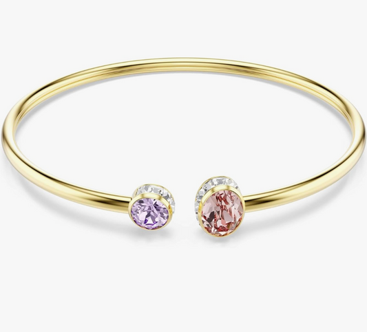 Gold Open Cuff Bangle with Pink and Purple Bezel-Set Crystals