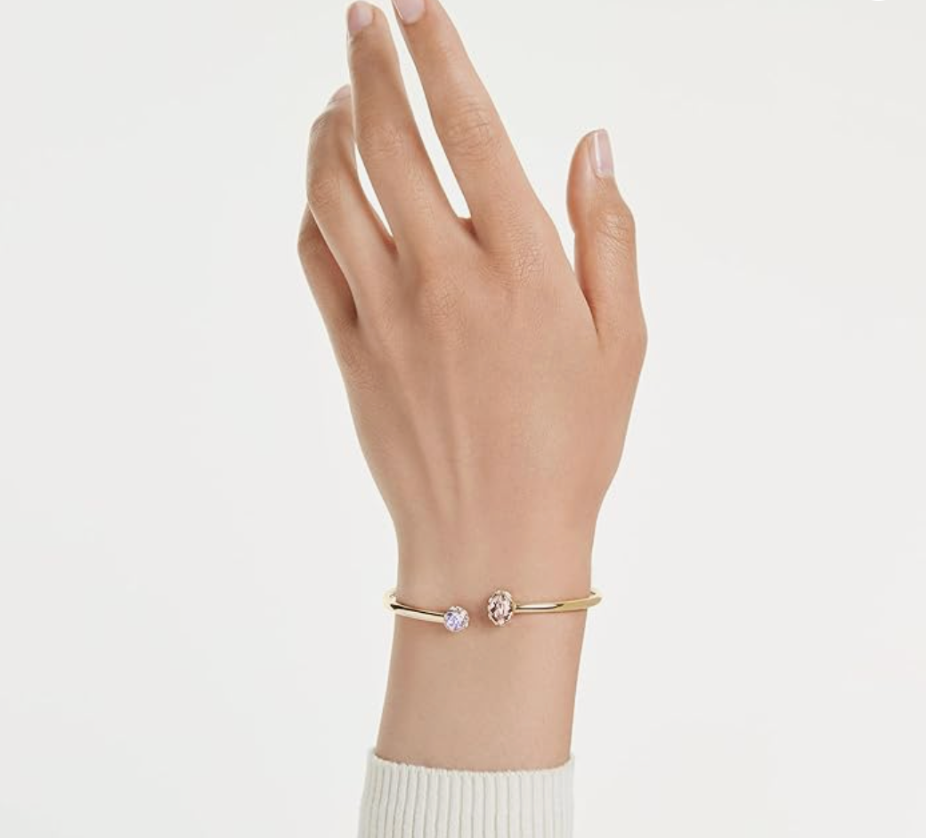 Gold Open Cuff Bangle with Pink and Purple Bezel-Set Crystals