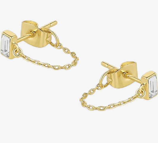 Gold Vertical Baguette Studs with Draping Link Chain Wraps