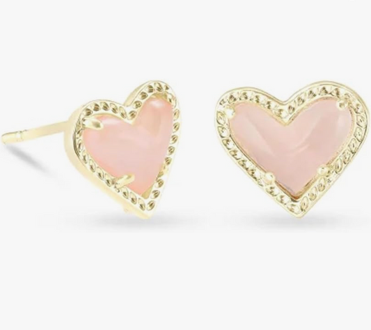 Gold Textured Bezel Sweetheart Blush Pink Stud Earrings